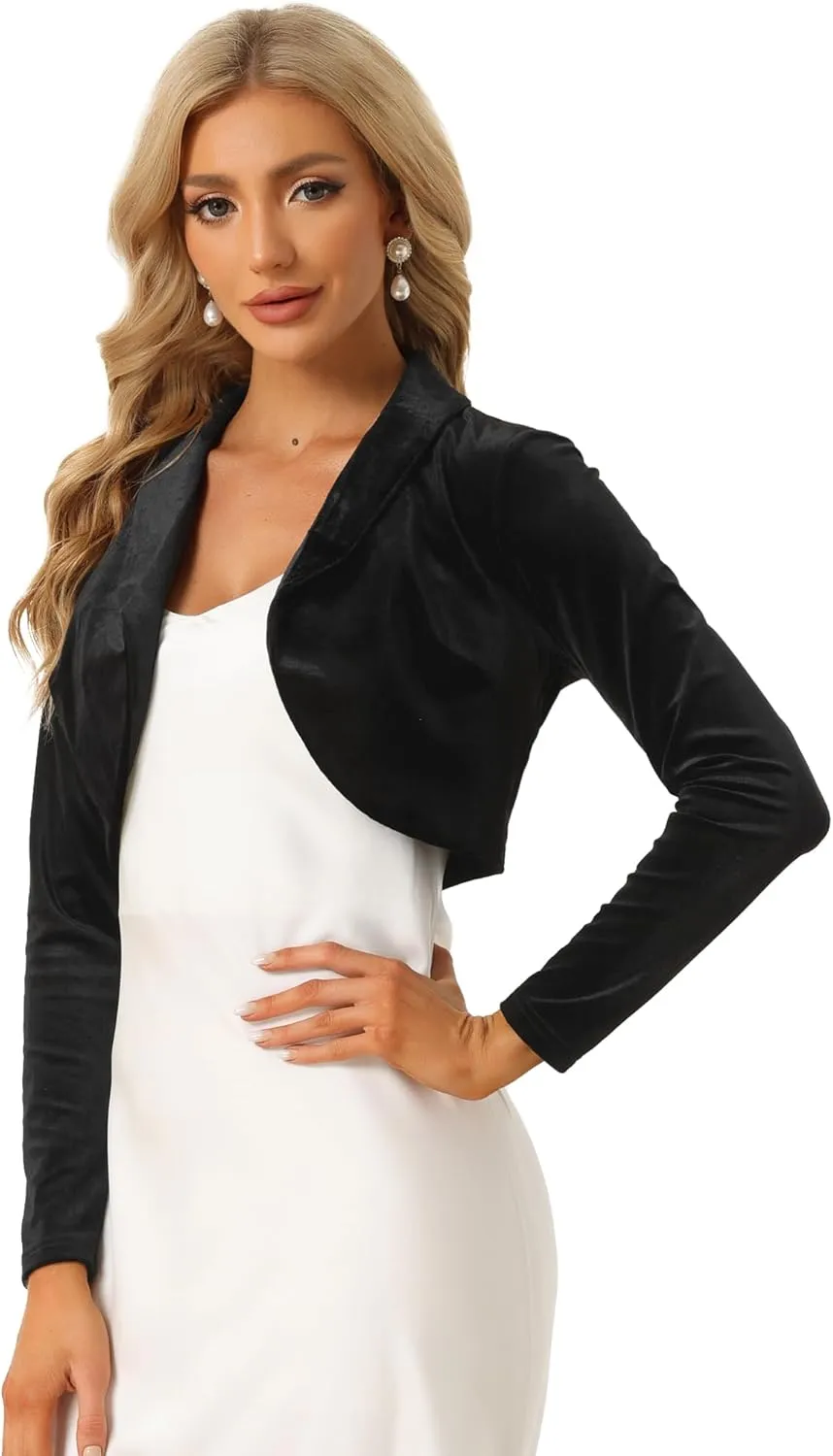 Allegra K Long Sleeve Shrug Top for Women's Lapel Collar Velvet Christmas Open Front Cropped Cardigan