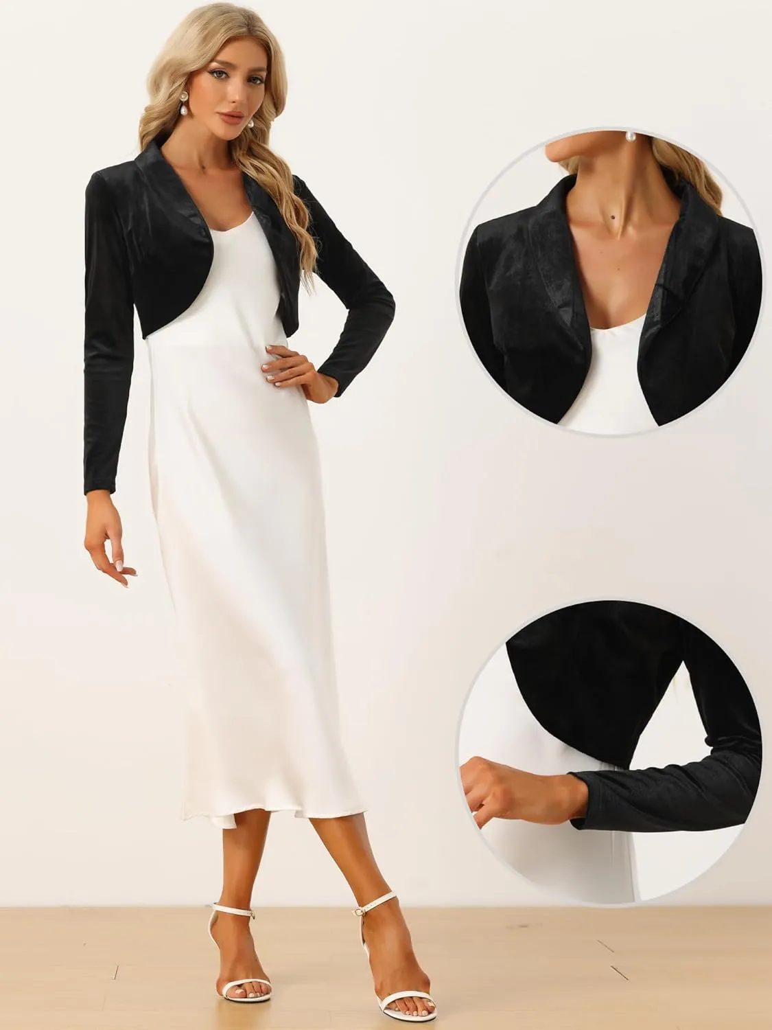 Allegra K Long Sleeve Shrug Top for Women's Lapel Collar Velvet Christmas Open Front Cropped Cardigan