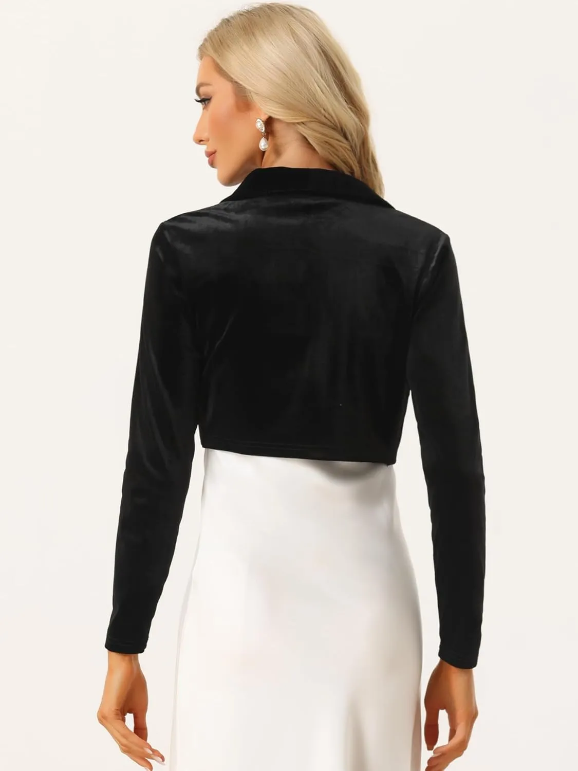 Allegra K Long Sleeve Shrug Top for Women's Lapel Collar Velvet Christmas Open Front Cropped Cardigan