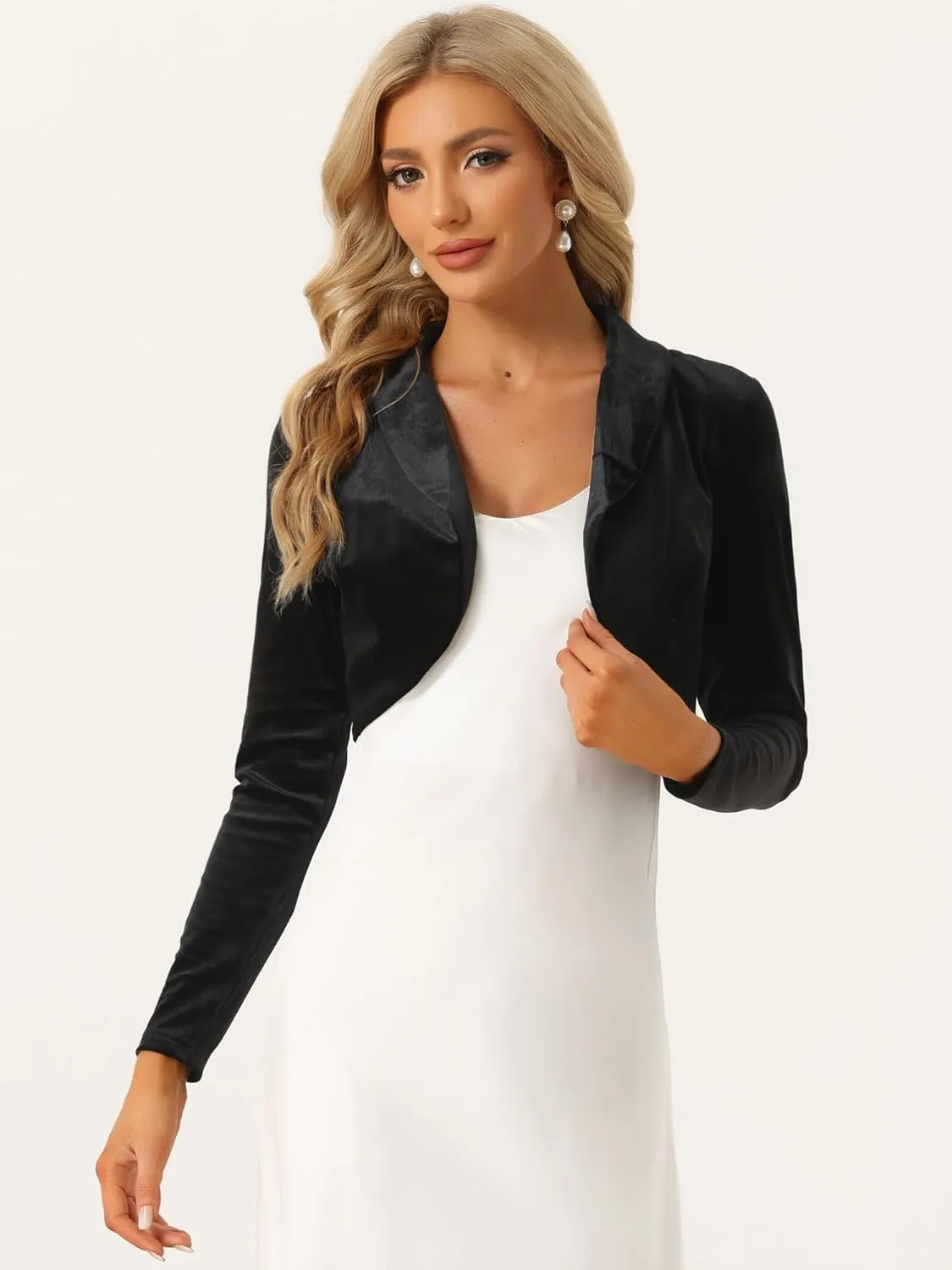 Allegra K Long Sleeve Shrug Top for Women's Lapel Collar Velvet Christmas Open Front Cropped Cardigan
