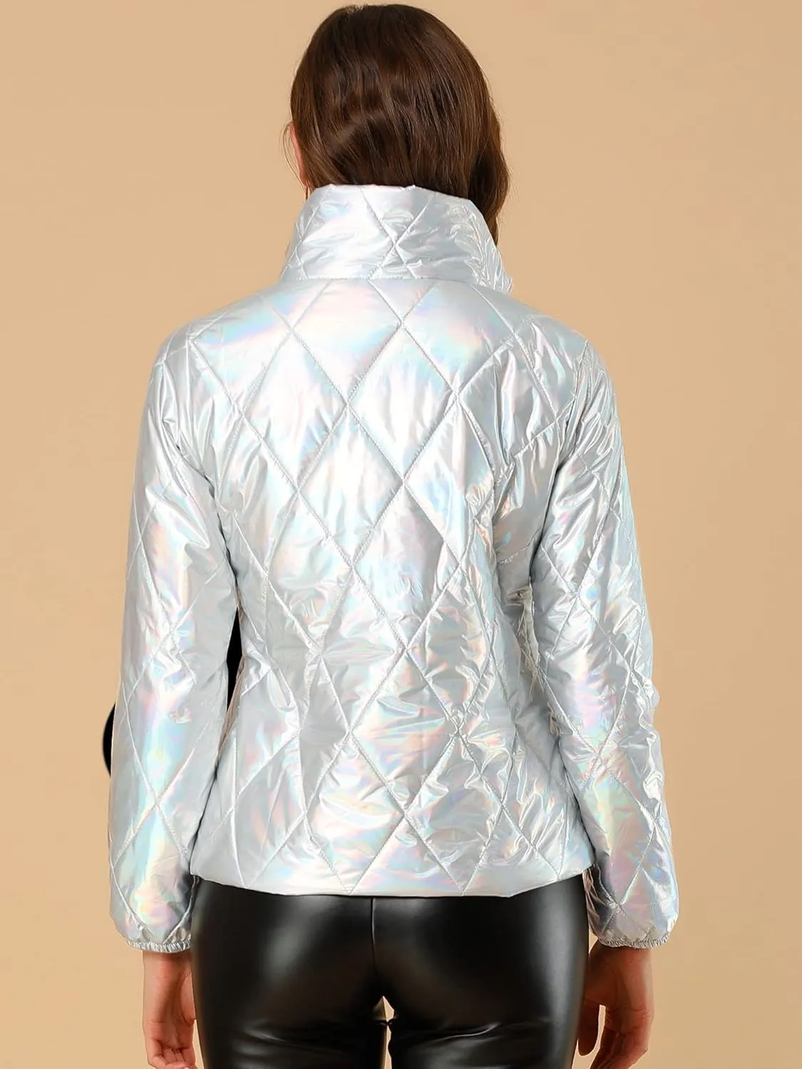 Allegra K Women's Christmas Puffer Jacket Holographic Shiny Metallic Jacket