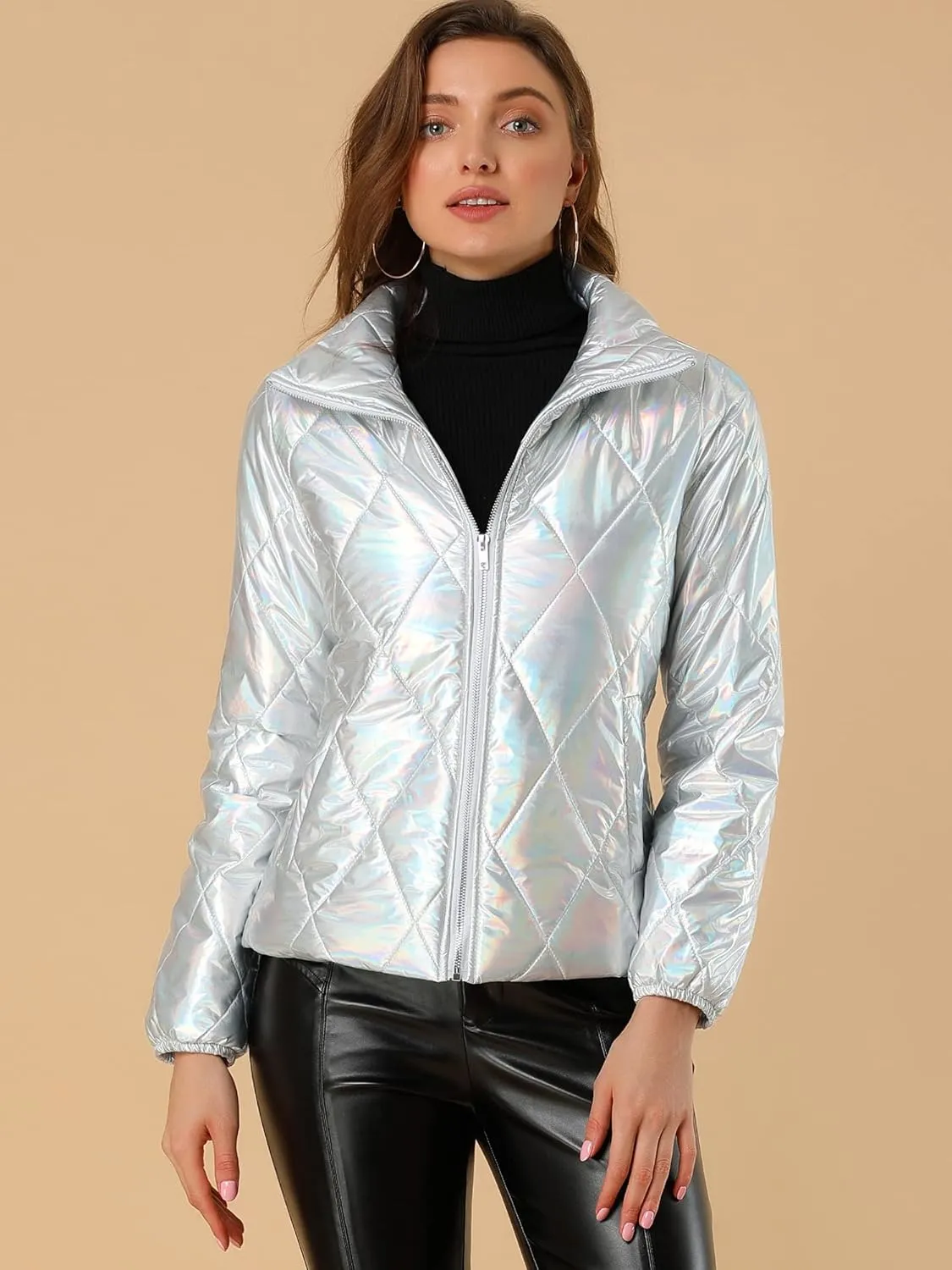 Allegra K Women's Christmas Puffer Jacket Holographic Shiny Metallic Jacket