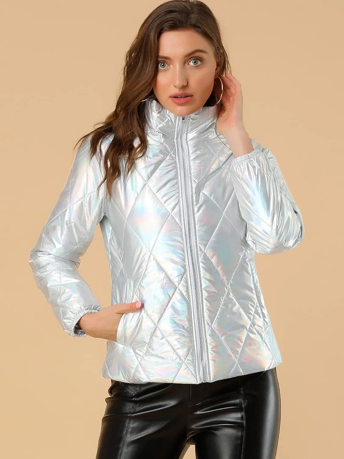 Allegra K Women's Christmas Puffer Jacket Holographic Shiny Metallic Jacket