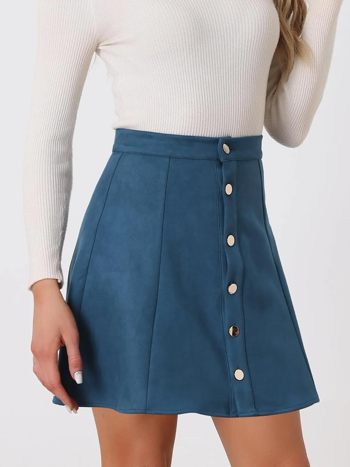 Allegra K Women's Faux Suede Button A-Line High Waisted Christmas Flared Mini Short Skirt