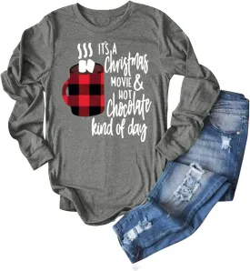 Anbech Womens Christmas Coffee Graphic Tshirt Merry Christmas Long Sleeve Vacation Tops