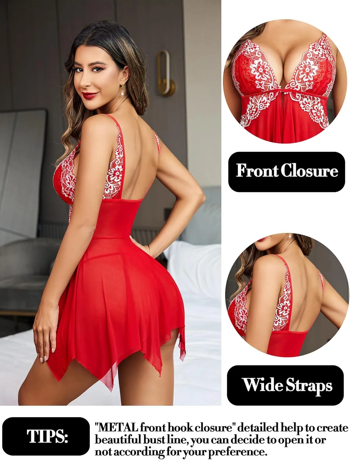 Avidlove Women Lace Lingerie Front Closure Babydoll V Neck Nightwear Sexy Chemise Nightie