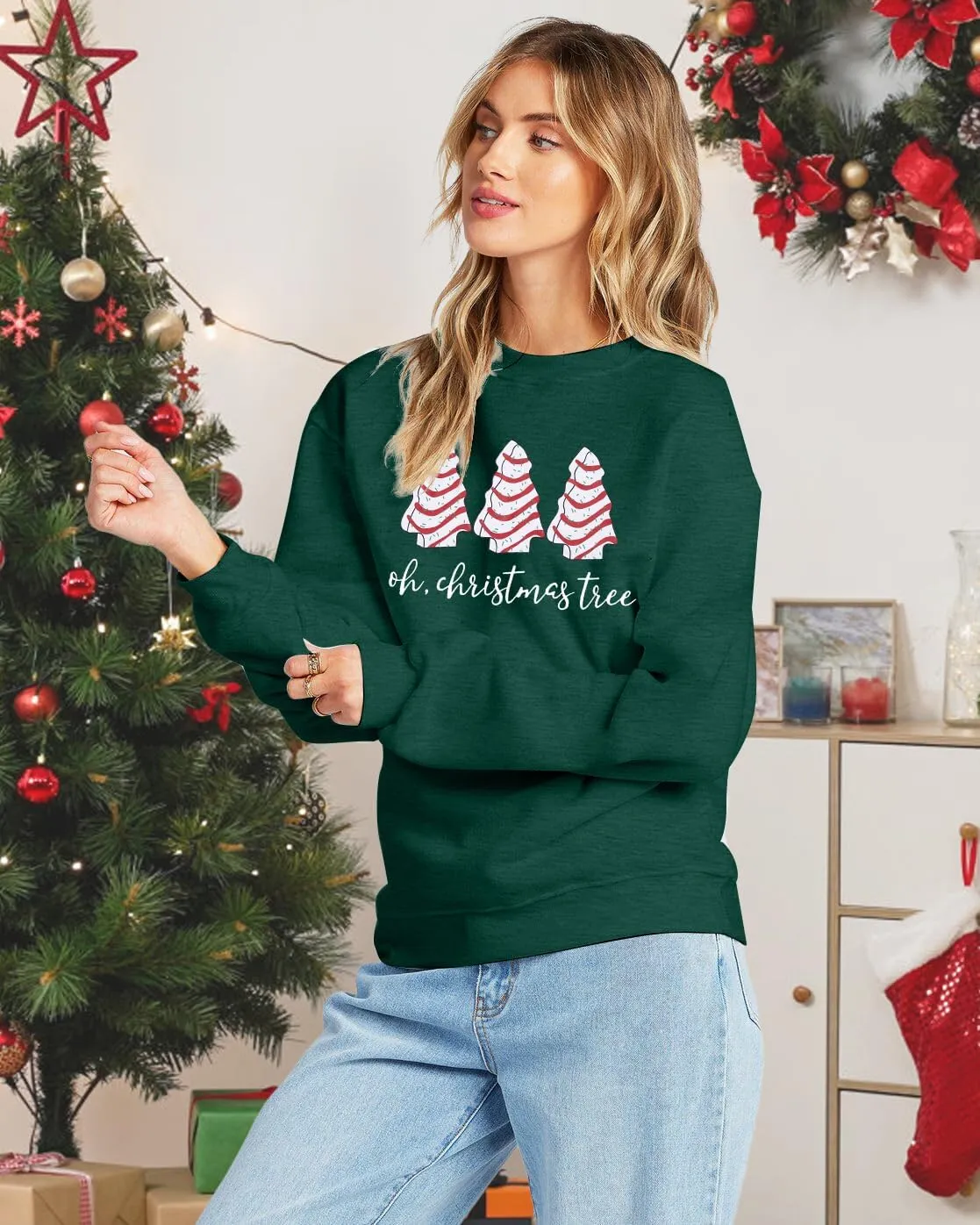 BANGELY Christmas Sweatshirt Women Christmas Tree Cake Graphic Sweater Shirts Xmas Holiday Pullover Cute Long Sleeve Tops