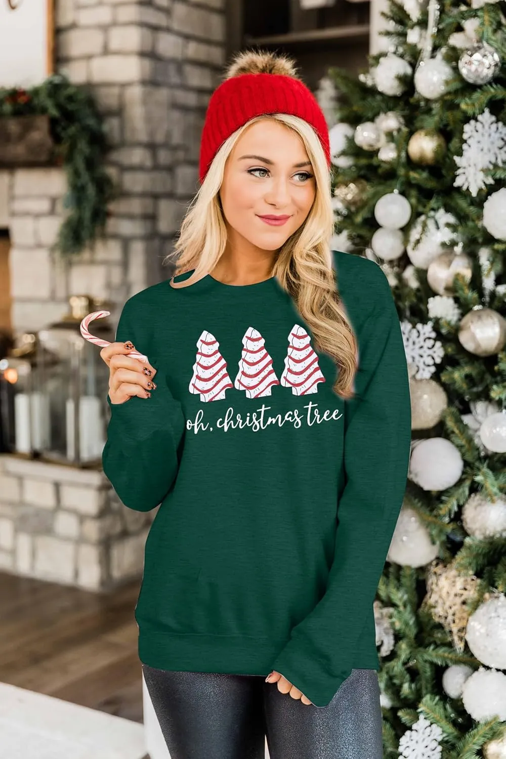 BANGELY Christmas Sweatshirt Women Christmas Tree Cake Graphic Sweater Shirts Xmas Holiday Pullover Cute Long Sleeve Tops