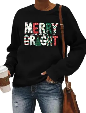 Christmas Sweatshirt Women Merry and Bright Christmas T-Shirt Funny Xmas Lights Blouse Tops Holiday Shirts