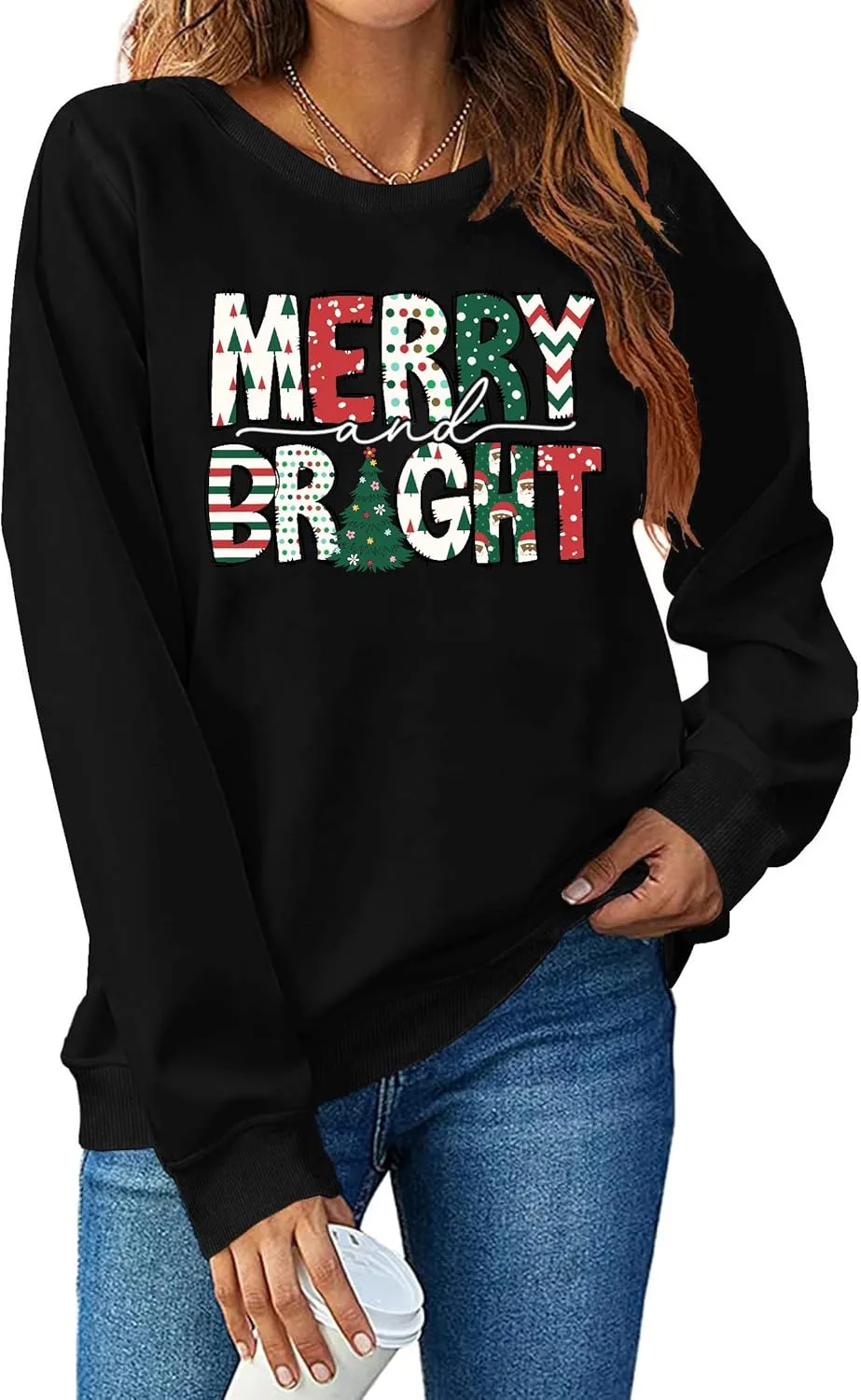 Christmas Sweatshirt Women Merry and Bright Christmas T-Shirt Funny Xmas Lights Blouse Tops Holiday Shirts