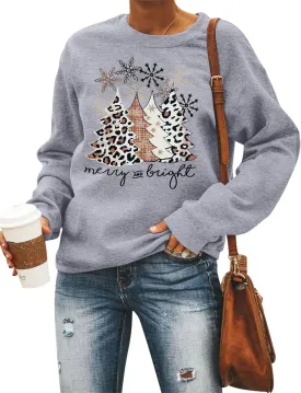 Christmas Sweatshirt Women Merry and Bright Christmas T-Shirt Funny Xmas Lights Blouse Tops Holiday Shirts