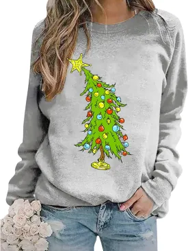 Christmas Sweatshirts for Women Christmas Tree Graphic Merry Sweatshirt Cute Xmas Holiday Long Sleeve Pullover Blouse