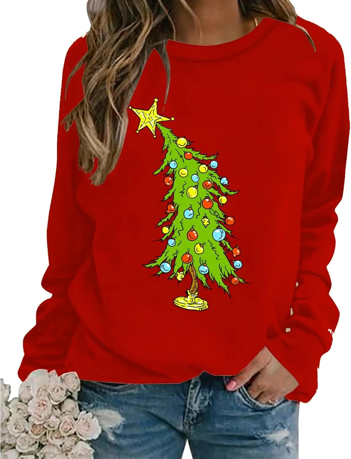 Christmas Sweatshirts for Women Christmas Tree Graphic Merry Sweatshirt Cute Xmas Holiday Long Sleeve Pullover Blouse