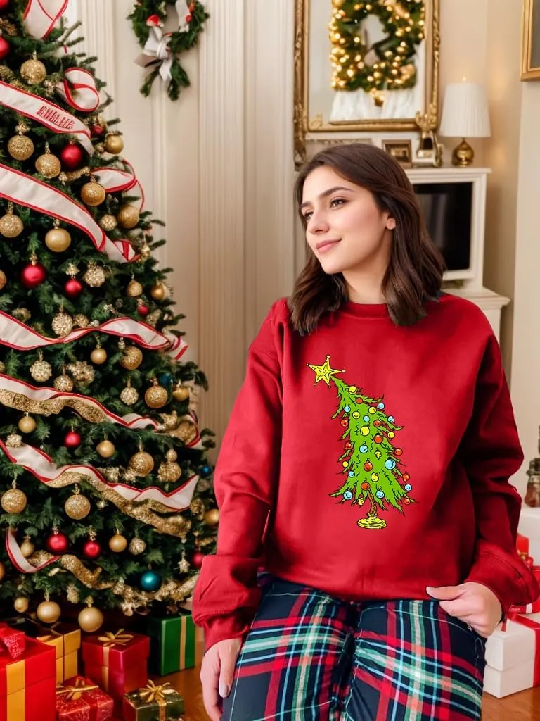 Christmas Sweatshirts for Women Christmas Tree Graphic Merry Sweatshirt Cute Xmas Holiday Long Sleeve Pullover Blouse