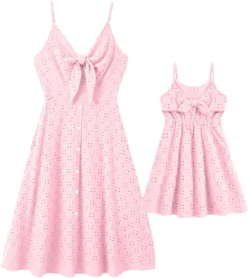 IFFEI Mommy and Me Matching Dresses Womens Eyelet Lace Midi Sundress Sleeveless Summer Dress for Casual Holiday Outfits