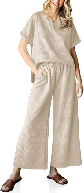 Imily Bela Womens 2 Piece Outfits Short Sleeve V neck Tops and Wide Leg Pants Sets Loungewear Casual Summer Tracksuits