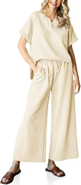 Imily Bela Womens 2 Piece Outfits Short Sleeve V neck Tops and Wide Leg Pants Sets Loungewear Casual Summer Tracksuits