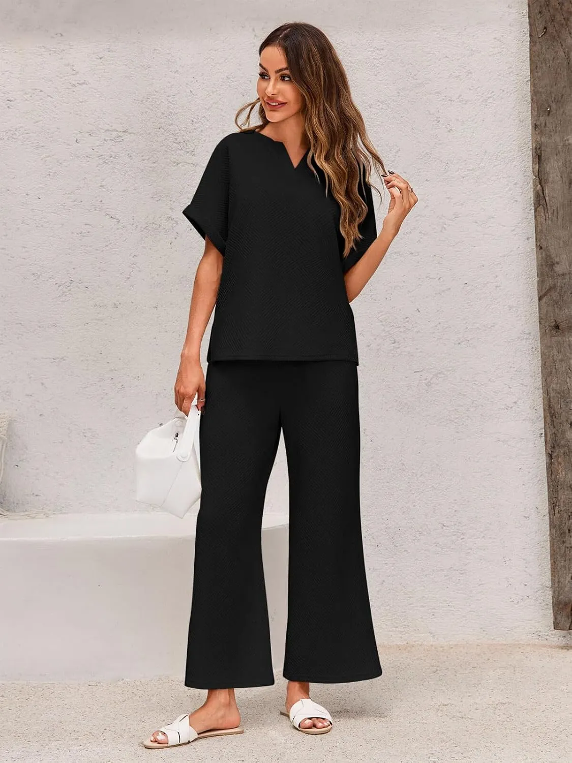 Imily Bela Womens 2 Piece Outfits Short Sleeve V neck Tops and Wide Leg Pants Sets Loungewear Casual Summer Tracksuits
