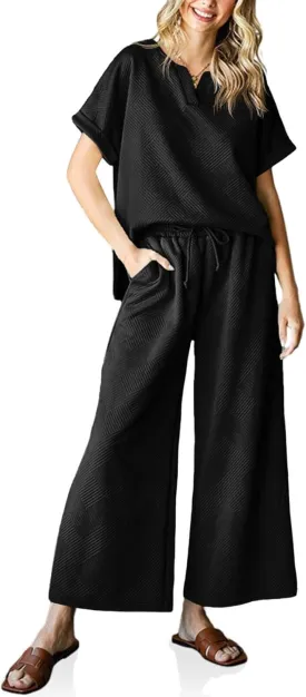 Imily Bela Womens 2 Piece Outfits Short Sleeve V neck Tops and Wide Leg Pants Sets Loungewear Casual Summer Tracksuits