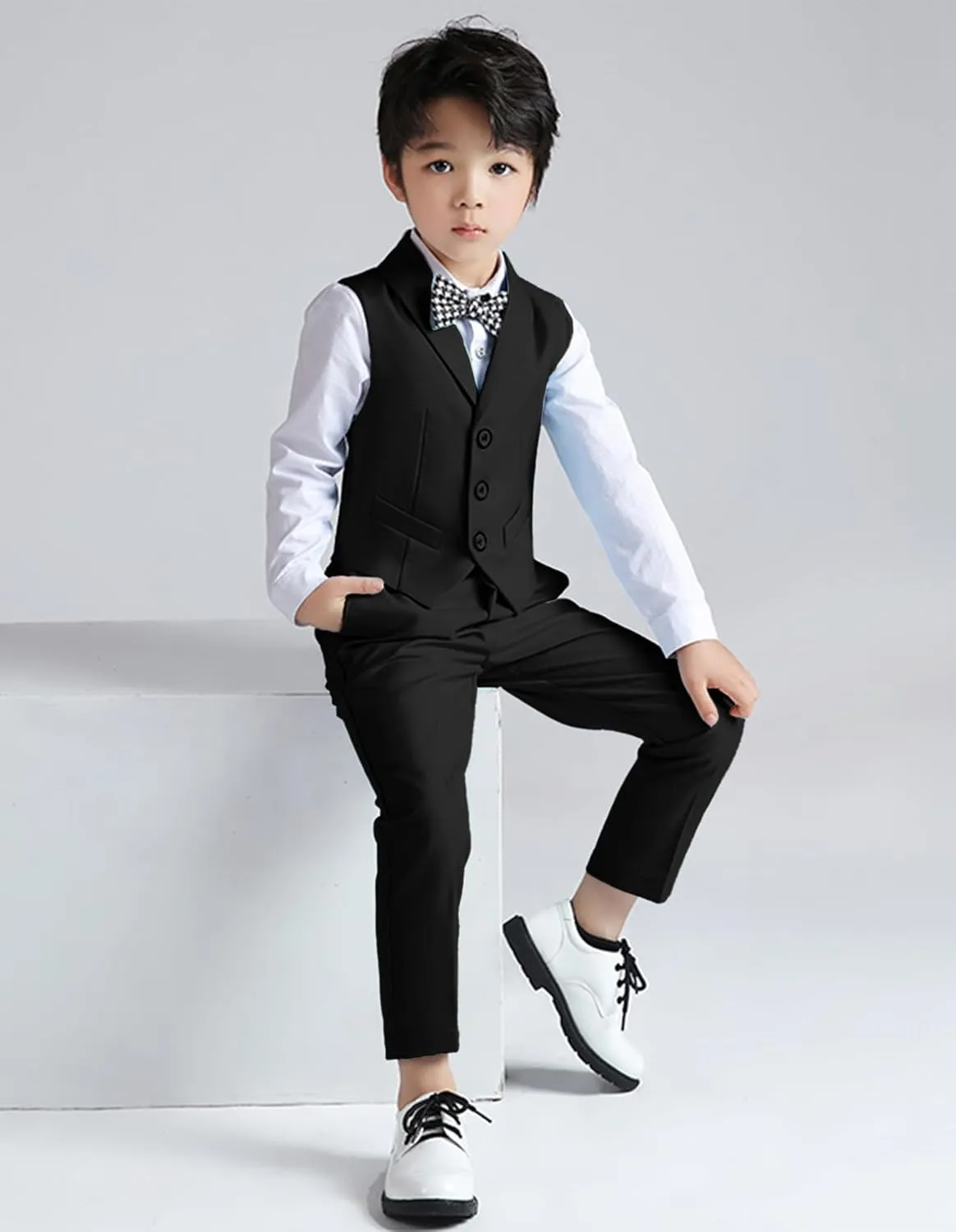 LOLANTA Boys Vest and Pants Set, Slim Fit Dress Clothes, Kids 5 Piece Ring Bearer Outfit, Adjustable Waist