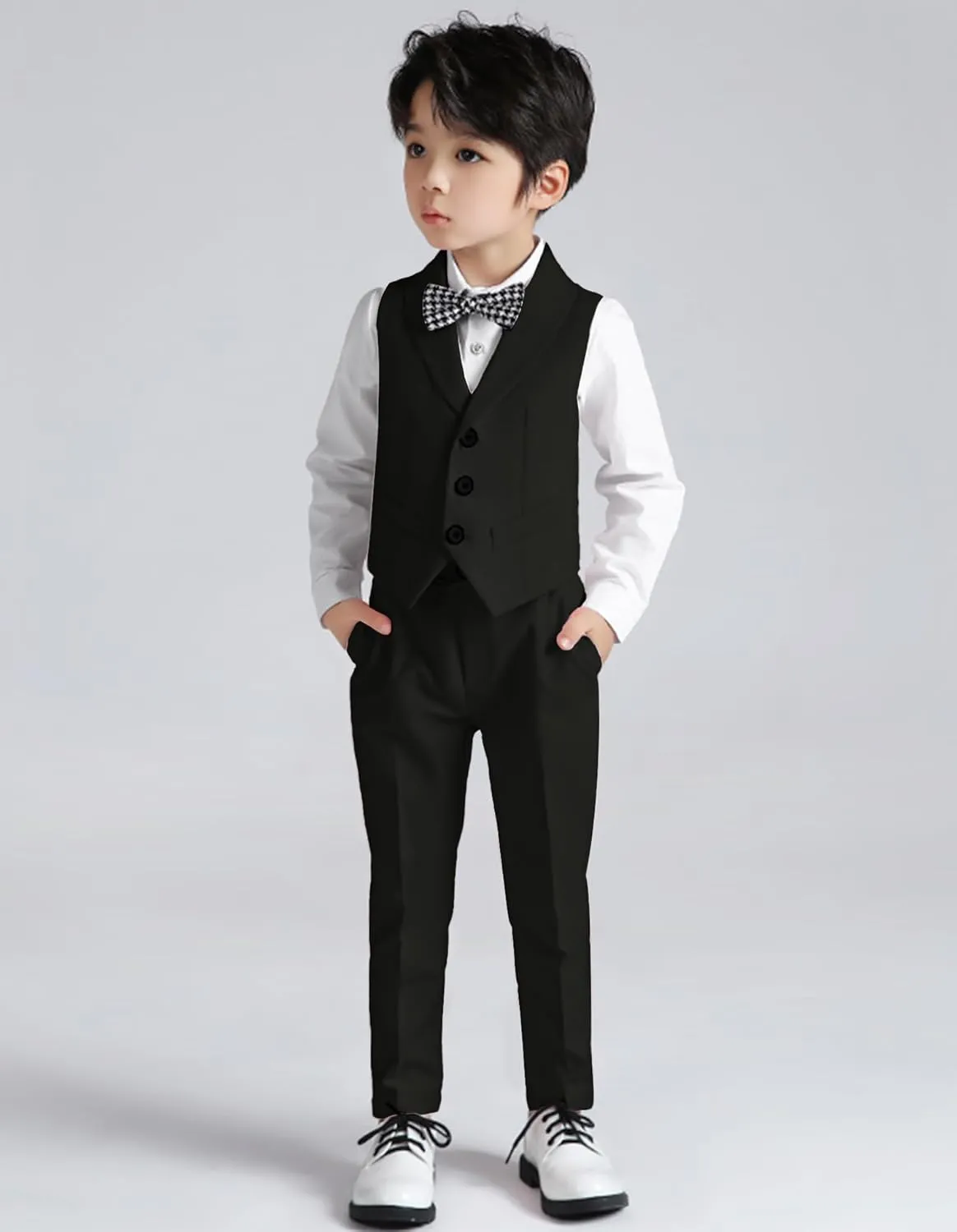 LOLANTA Boys Vest and Pants Set, Slim Fit Dress Clothes, Kids 5 Piece Ring Bearer Outfit, Adjustable Waist