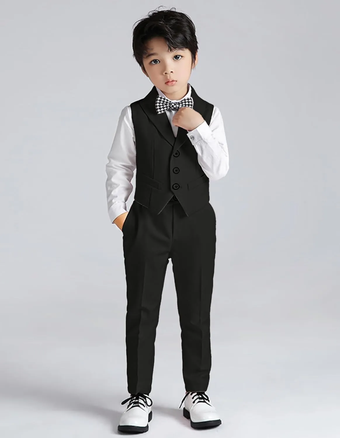 LOLANTA Boys Vest and Pants Set, Slim Fit Dress Clothes, Kids 5 Piece Ring Bearer Outfit, Adjustable Waist