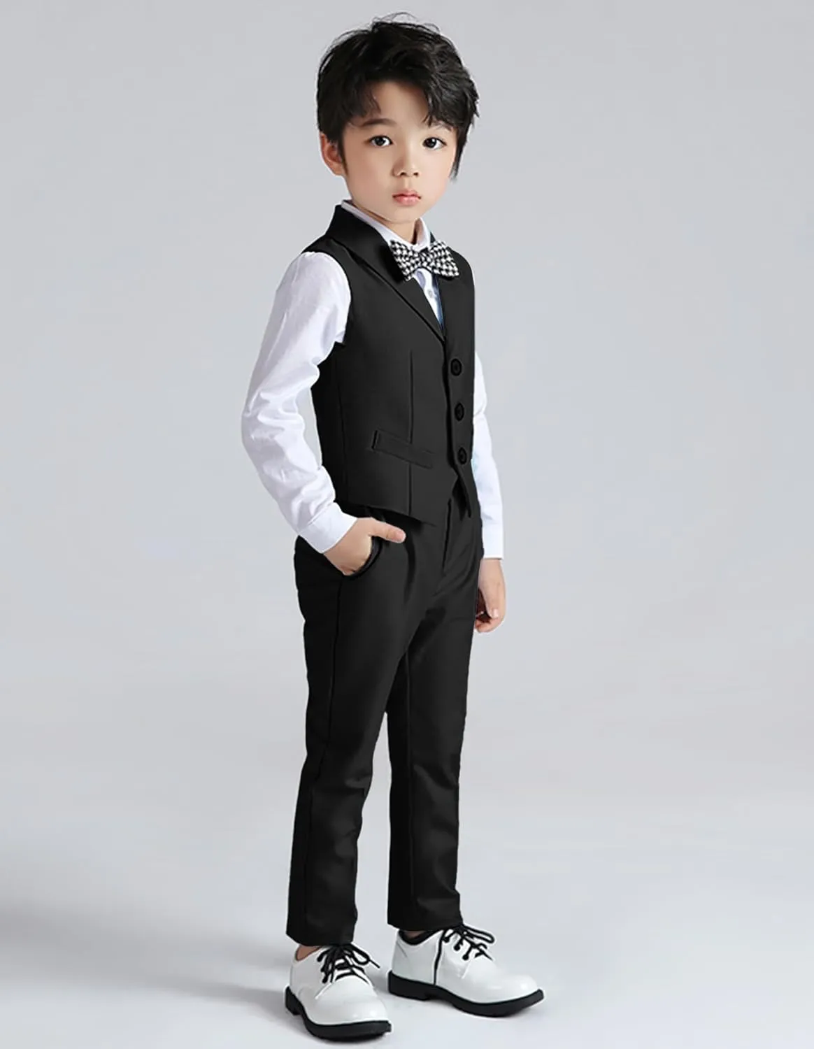 LOLANTA Boys Vest and Pants Set, Slim Fit Dress Clothes, Kids 5 Piece Ring Bearer Outfit, Adjustable Waist