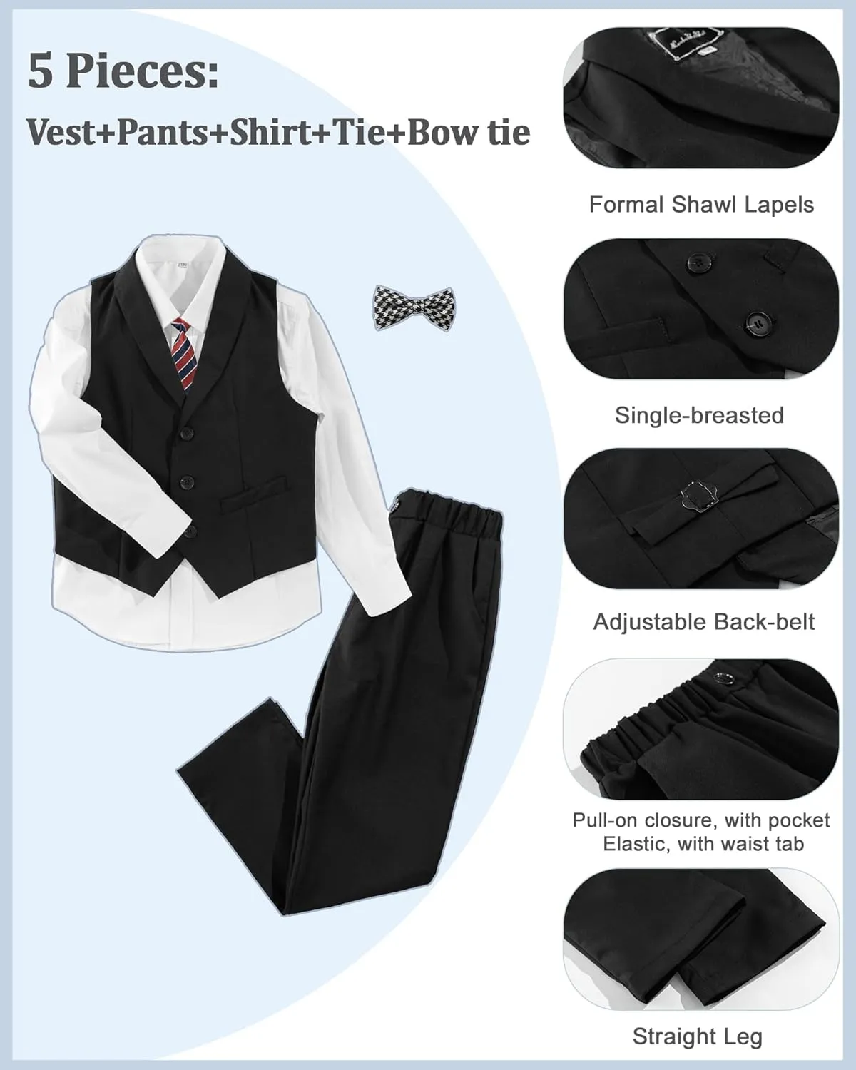 LOLANTA Boys Vest and Pants Set, Slim Fit Dress Clothes, Kids 5 Piece Ring Bearer Outfit, Adjustable Waist