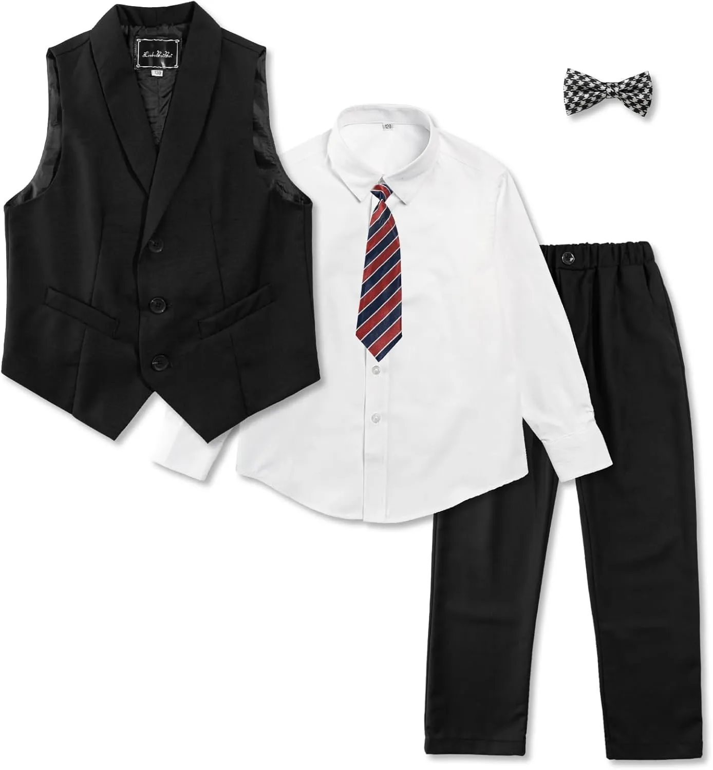 LOLANTA Boys Vest and Pants Set, Slim Fit Dress Clothes, Kids 5 Piece Ring Bearer Outfit, Adjustable Waist