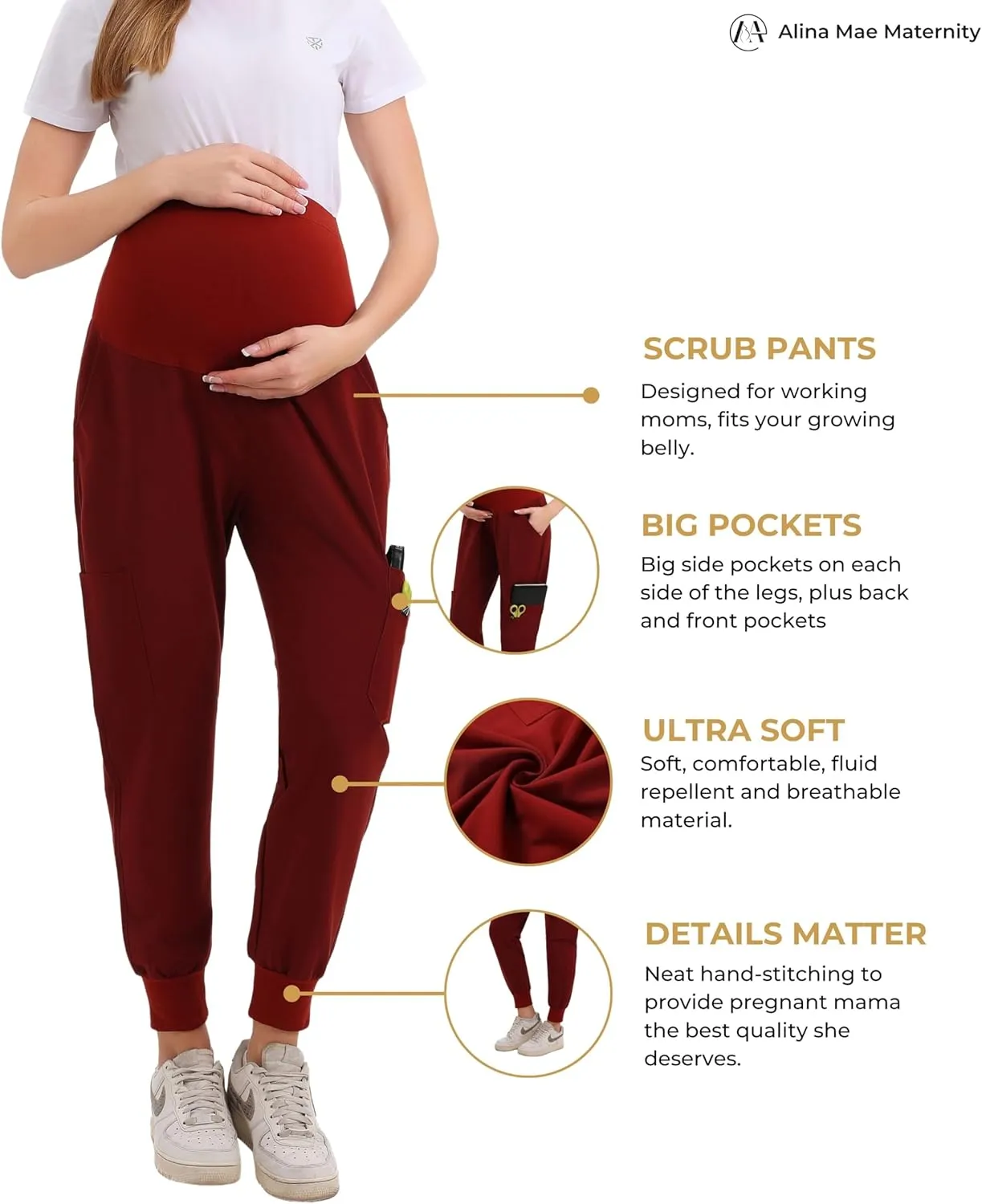 Maternity Scrub Jogger Pants for Women Pregnant Doctor Uniform Pant Nurse Scrub w/ 6 Pockets