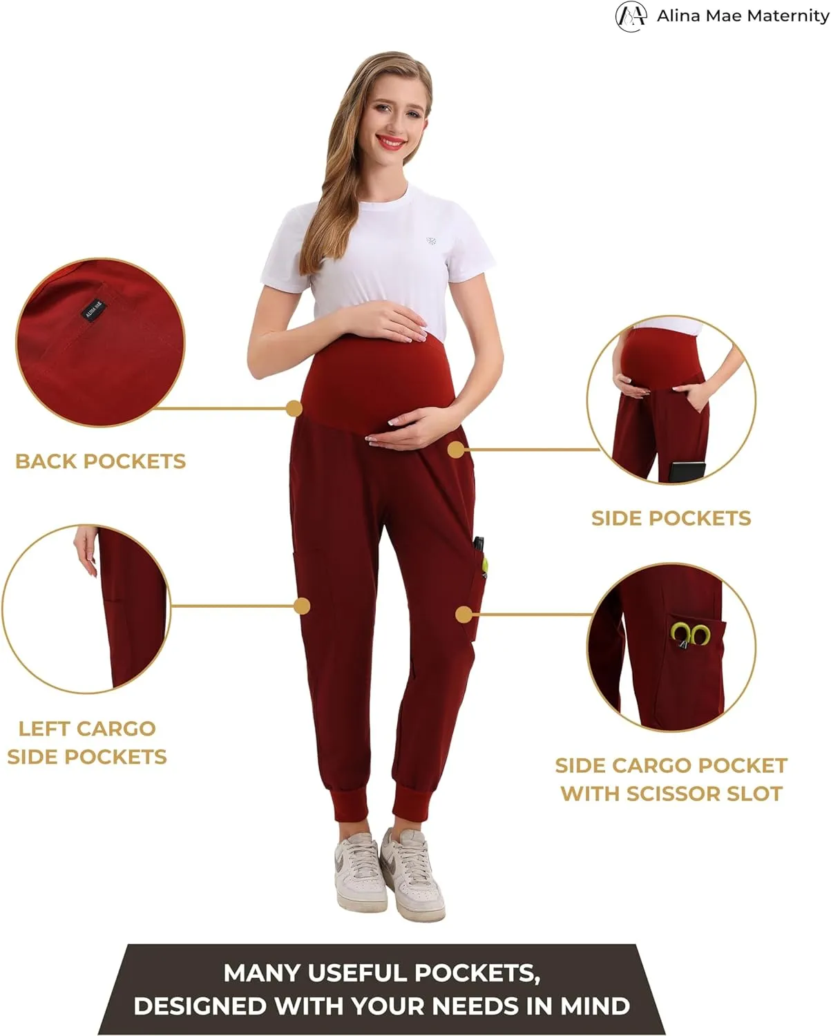 Maternity Scrub Jogger Pants for Women Pregnant Doctor Uniform Pant Nurse Scrub w/ 6 Pockets