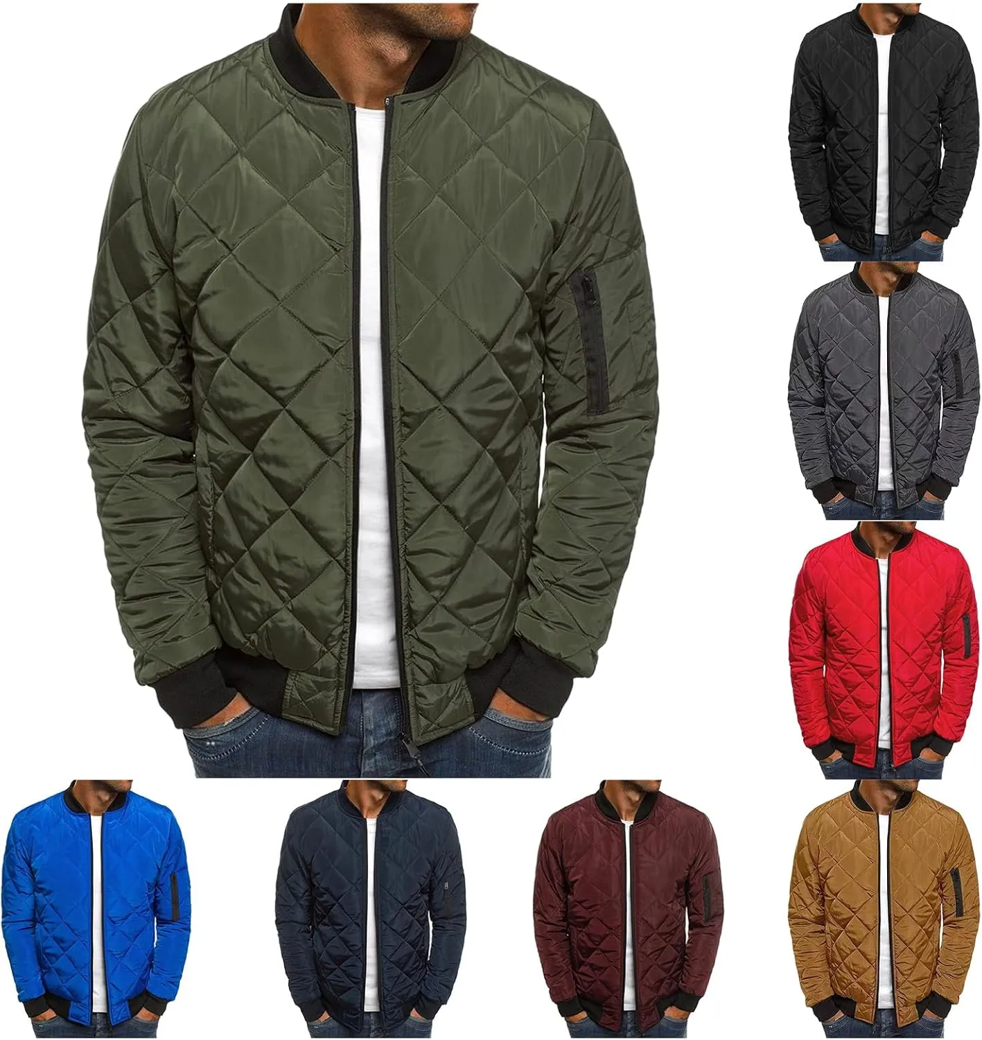 Men's Diamond Quilted Flight Bomber Jacket Lightweight Packable Warm Winter Padded Coat Varsity Multi-Purpose Outerwear
