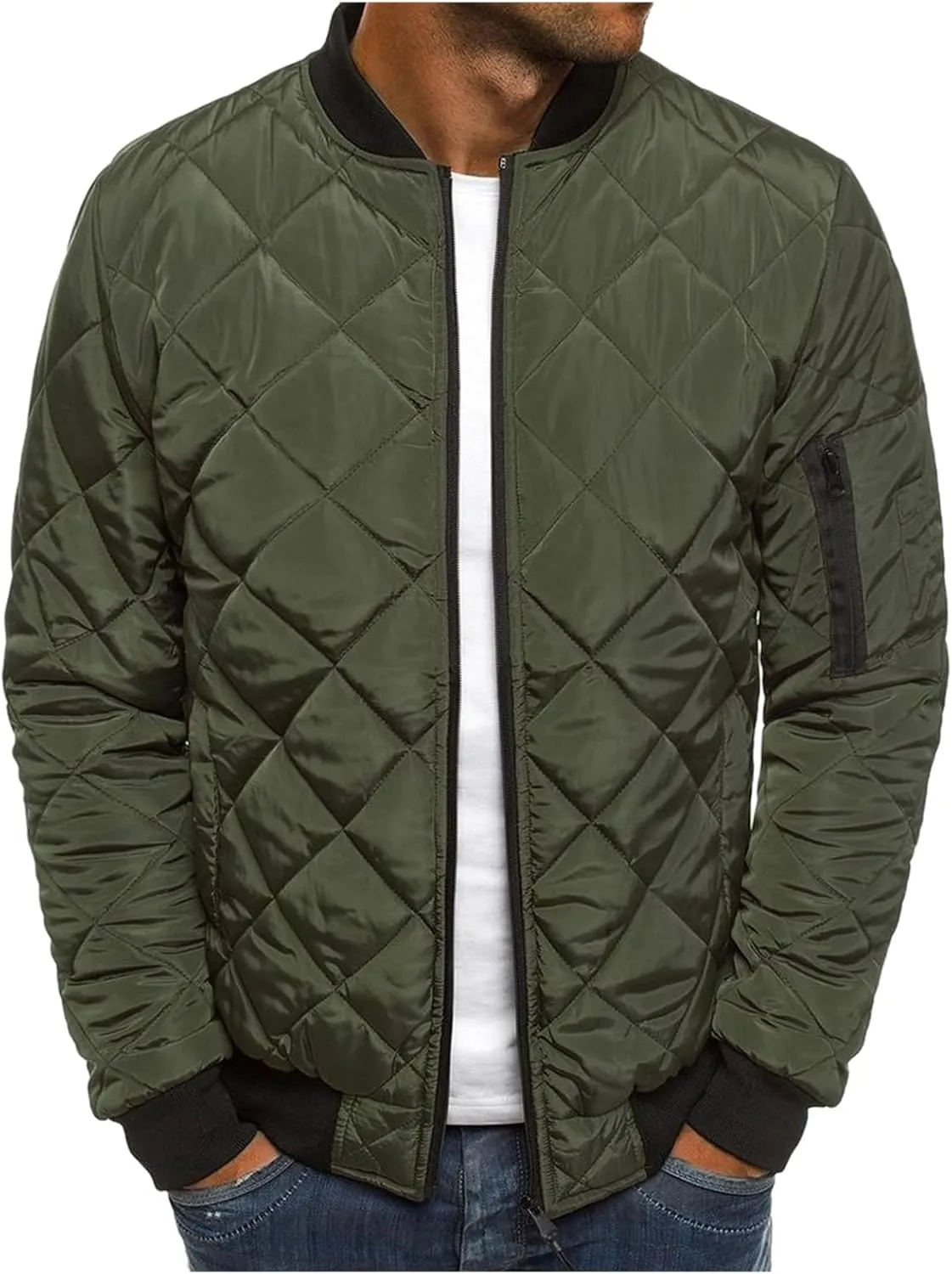 Men's Diamond Quilted Flight Bomber Jacket Lightweight Packable Warm Winter Padded Coat Varsity Multi-Purpose Outerwear
