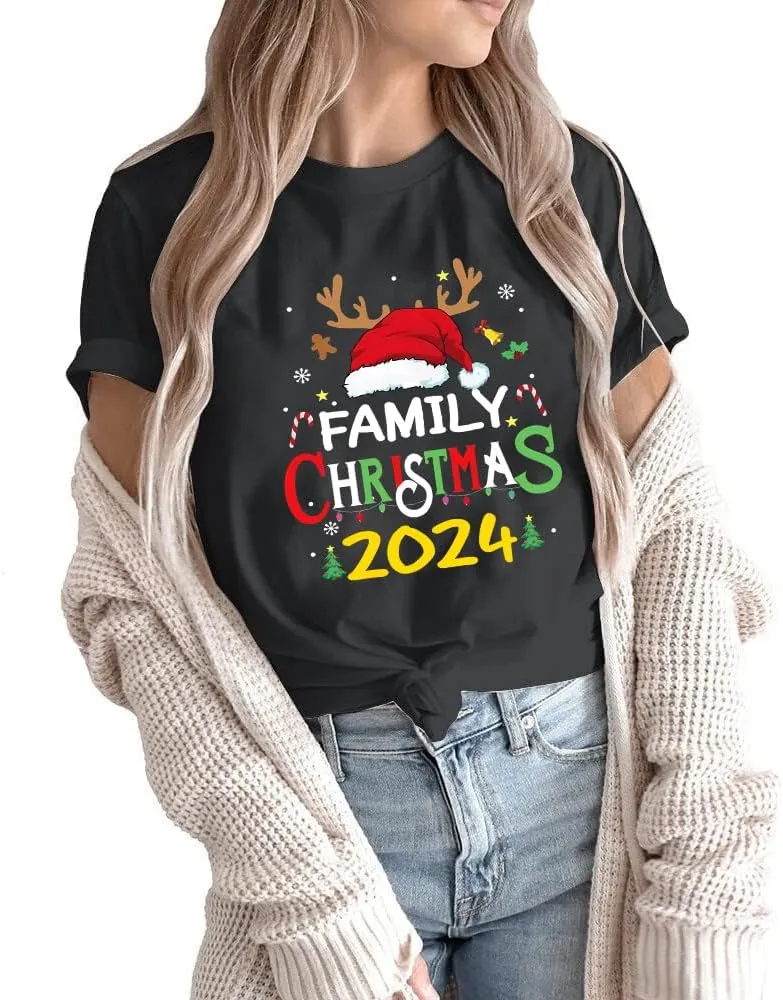 Merry and Bright Shirt Christmas T-Shirts for Family Couple Outfit Tee Christmas Top Parent-Child Short Sleeves