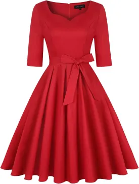MINTLIMIT Women's Vintage 1950s Sweetheart Neck Cocktail Dress Retro 3/4 Sleeve Rockabilly Prom Dresses with Belt and Pockets