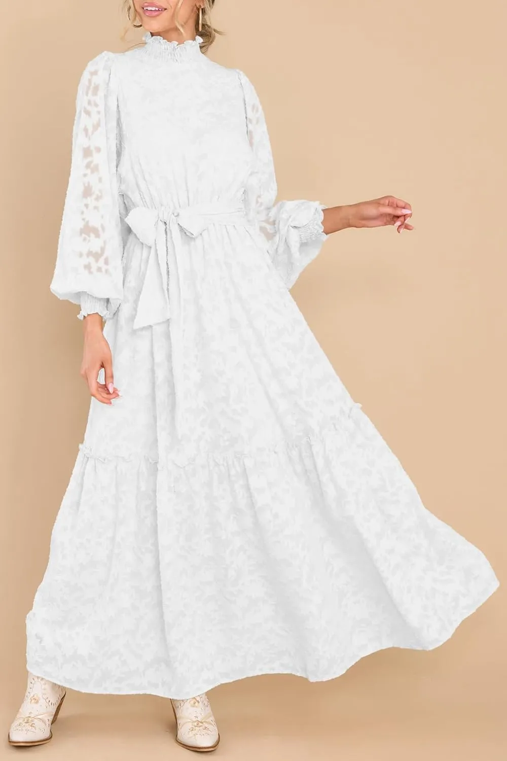 MITILLY Women's Fall Dresses Elegant Floral High Neck Long Sleeve Elastic Waist Formal Maxi Dress with Belt