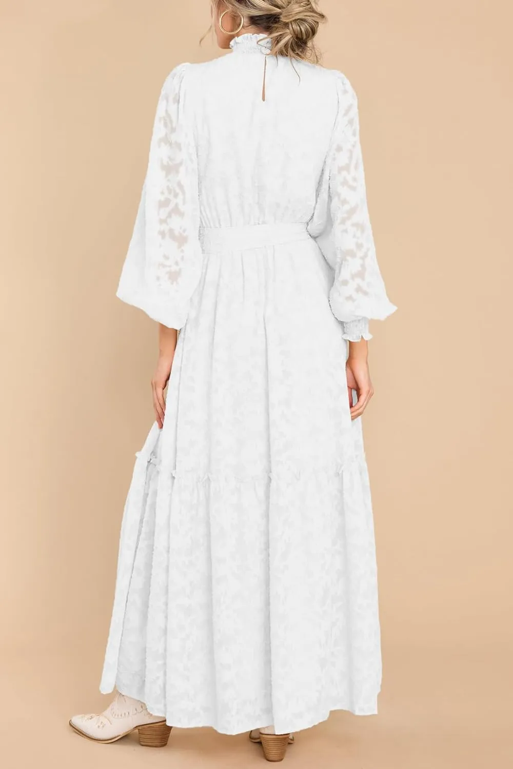 MITILLY Women's Fall Dresses Elegant Floral High Neck Long Sleeve Elastic Waist Formal Maxi Dress with Belt