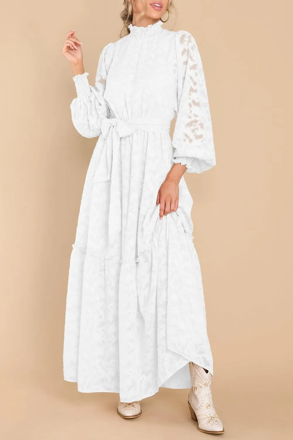 MITILLY Women's Fall Dresses Elegant Floral High Neck Long Sleeve Elastic Waist Formal Maxi Dress with Belt