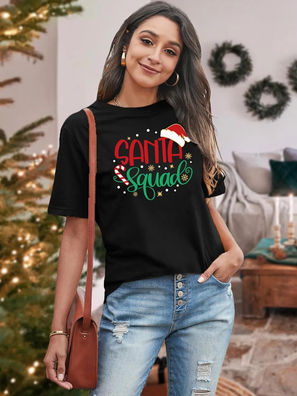 Santa Squad Christmas Shirts for Women Xmas Holiday Printed T-Shirts Family Matching Christmas Short Sleeve Blouse Tops