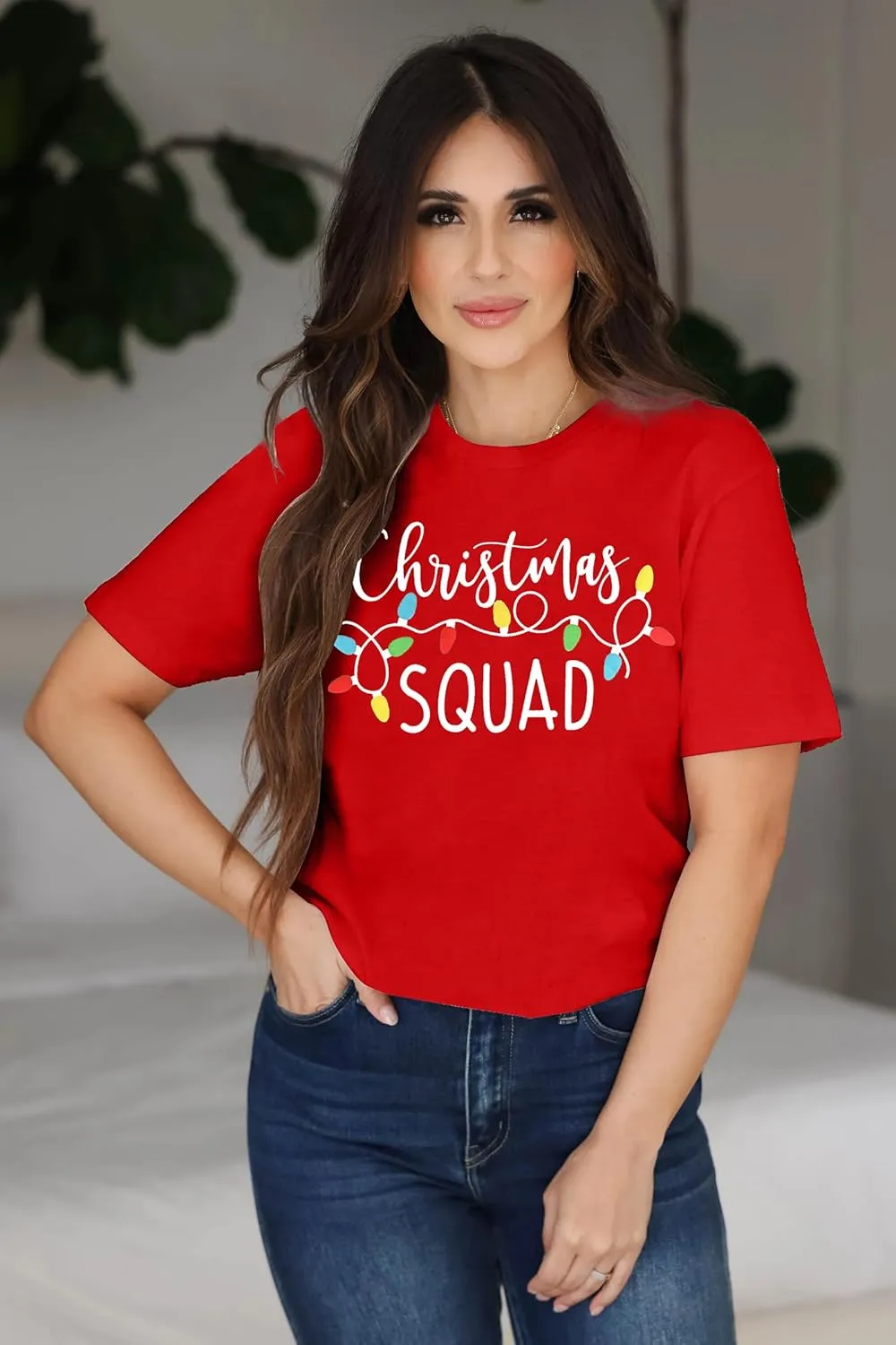 Santa Squad Christmas Shirts for Women Xmas Holiday Printed T-Shirts Family Matching Christmas Short Sleeve Blouse Tops