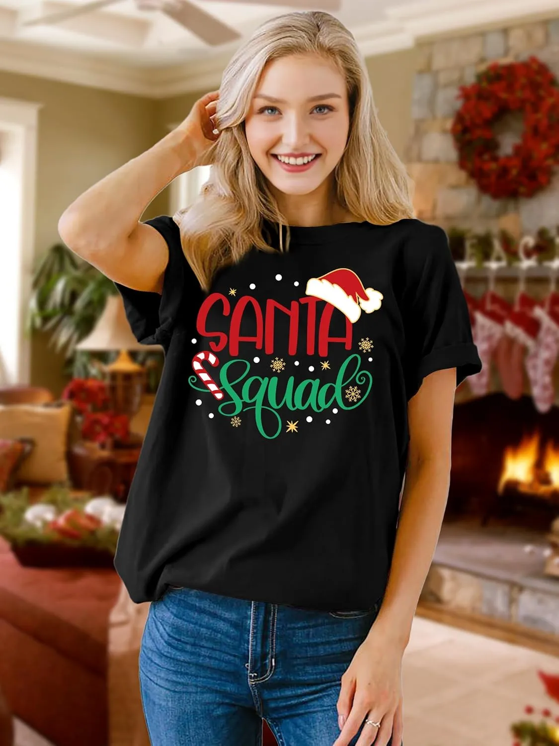 Santa Squad Christmas Shirts for Women Xmas Holiday Printed T-Shirts Family Matching Christmas Short Sleeve Blouse Tops