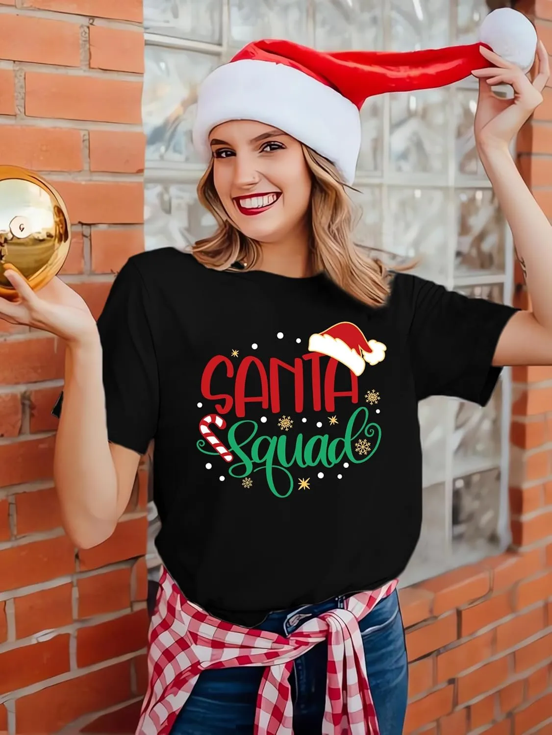 Santa Squad Christmas Shirts for Women Xmas Holiday Printed T-Shirts Family Matching Christmas Short Sleeve Blouse Tops