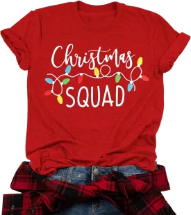 Santa Squad Christmas Shirts for Women Xmas Holiday Printed T-Shirts Family Matching Christmas Short Sleeve Blouse Tops