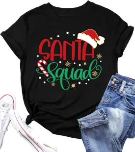 Santa Squad Christmas Shirts for Women Xmas Holiday Printed T-Shirts Family Matching Christmas Short Sleeve Blouse Tops