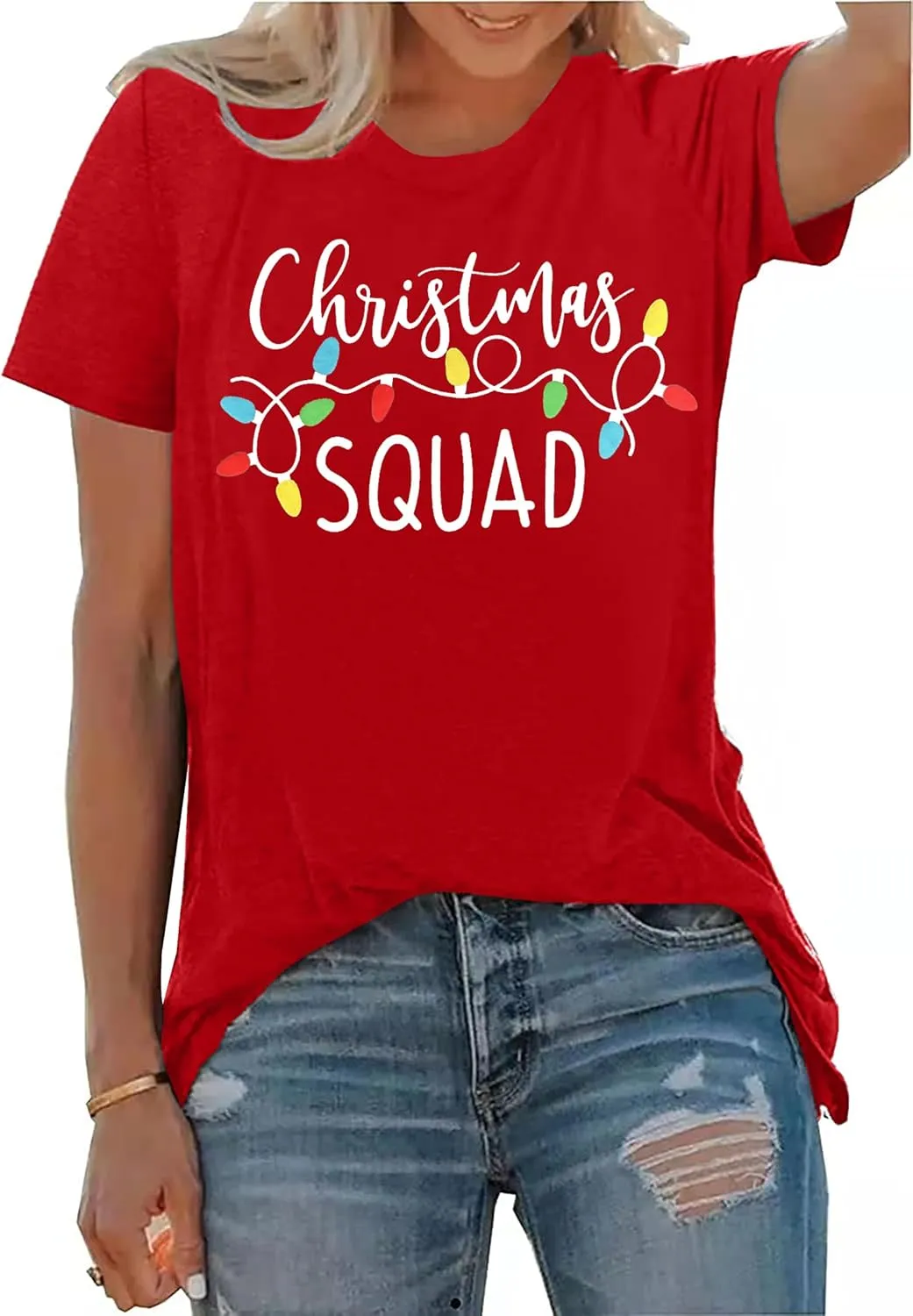 Santa Squad Christmas Shirts for Women Xmas Holiday Printed T-Shirts Family Matching Christmas Short Sleeve Blouse Tops