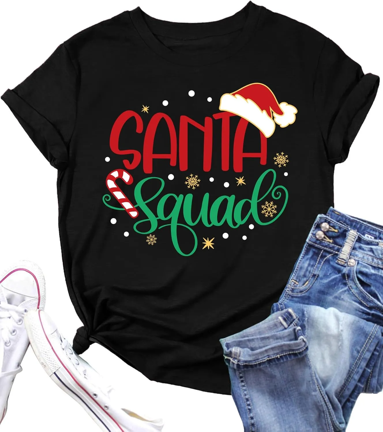 Santa Squad Christmas Shirts for Women Xmas Holiday Printed T-Shirts Family Matching Christmas Short Sleeve Blouse Tops
