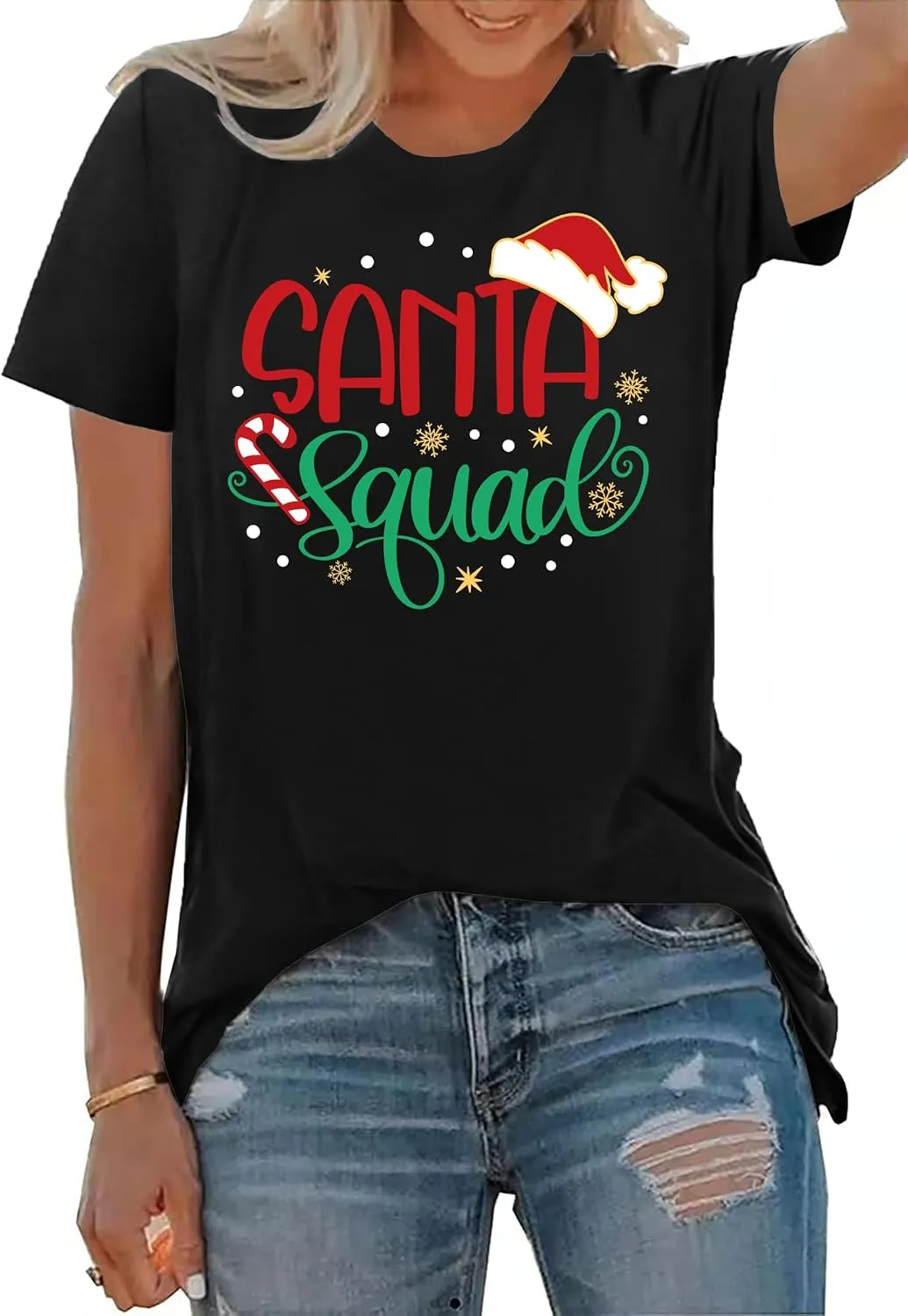 Santa Squad Christmas Shirts for Women Xmas Holiday Printed T-Shirts Family Matching Christmas Short Sleeve Blouse Tops