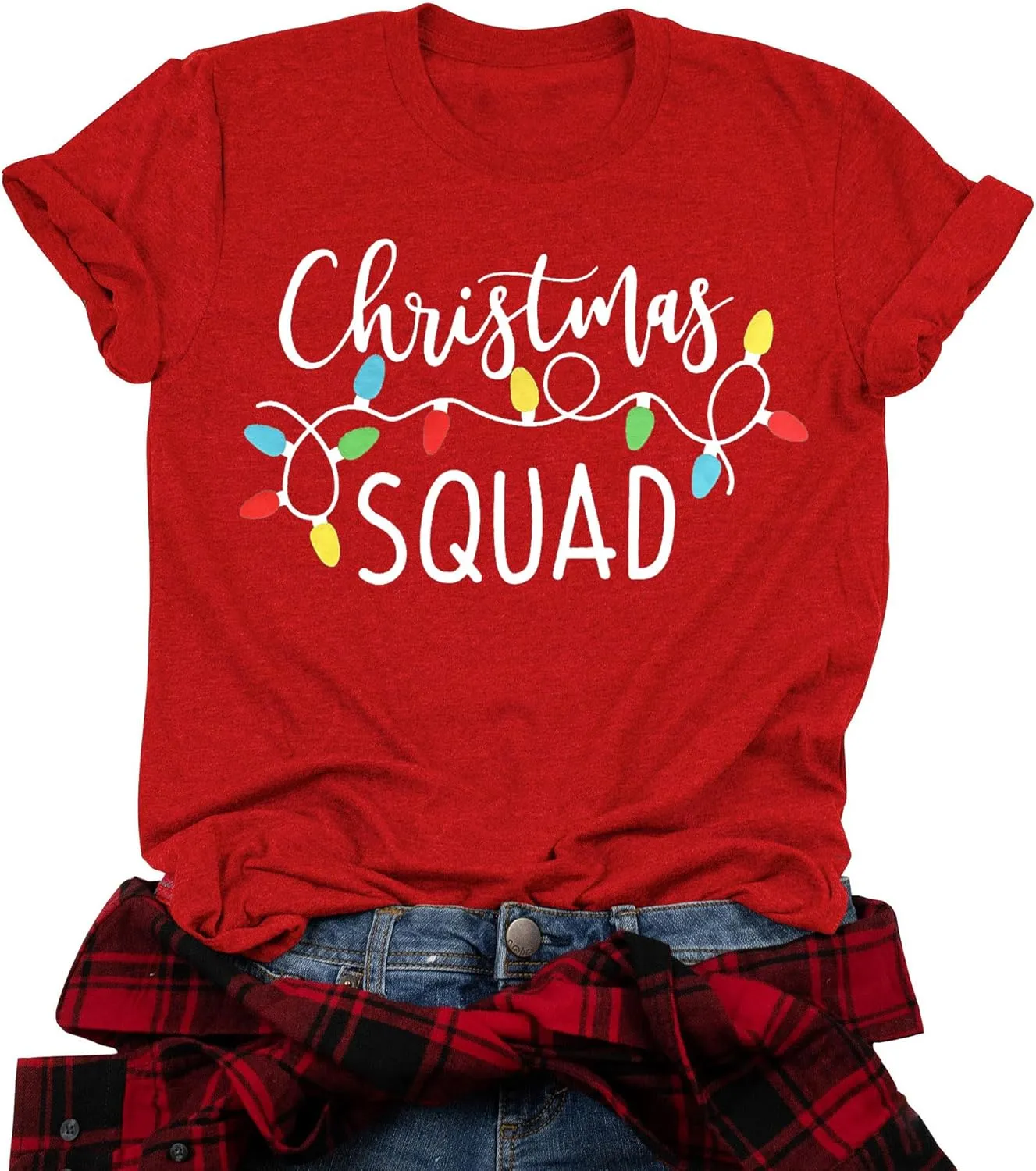 Santa Squad Christmas Shirts for Women Xmas Holiday Printed T-Shirts Family Matching Christmas Short Sleeve Blouse Tops