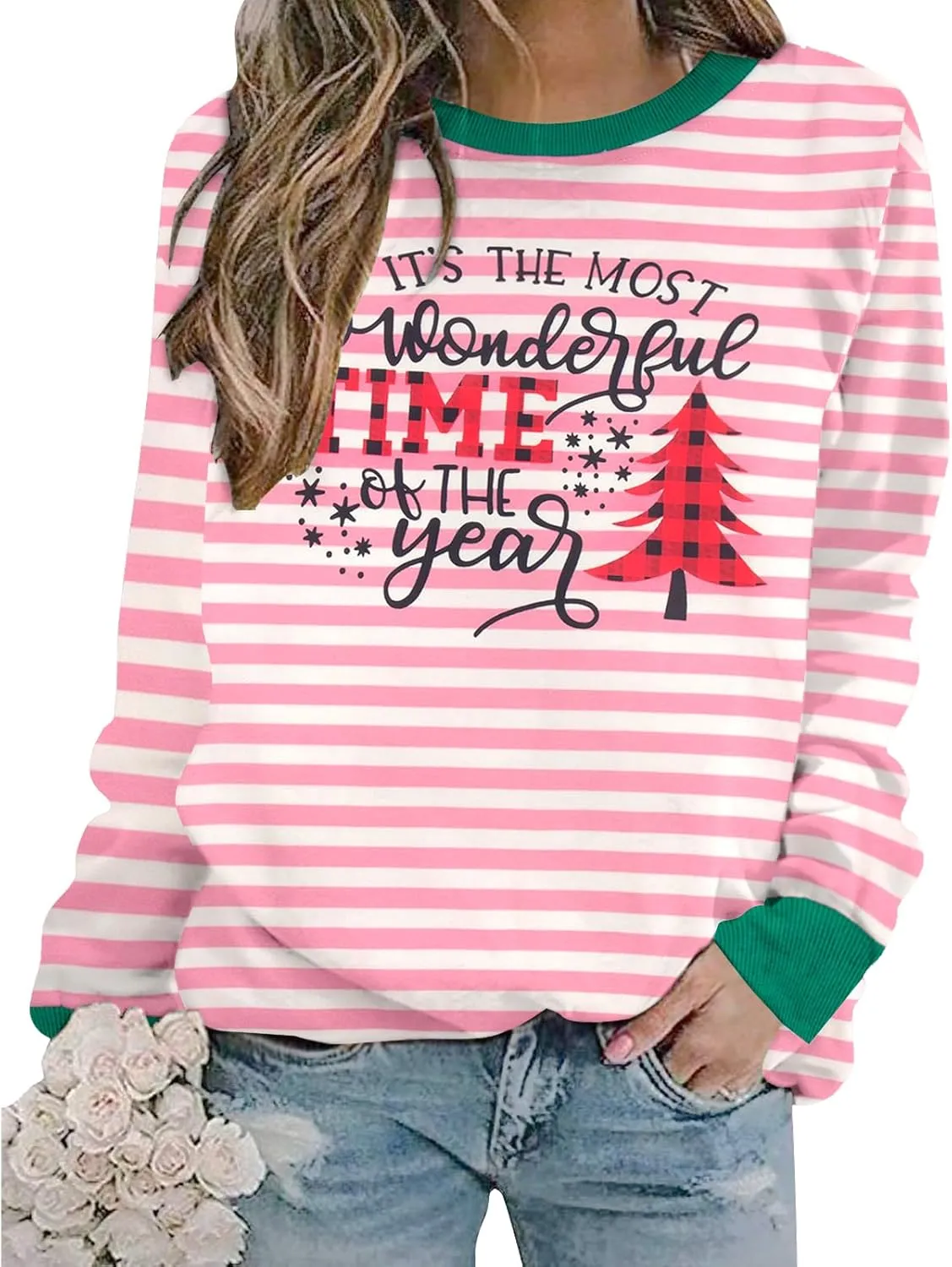 TAOHONG Merry Christmas Sweatshirt Women Xmas Buffalo Plaid Tree Color Block Christmas Snowflake Print Long Sleeve Top Shirts