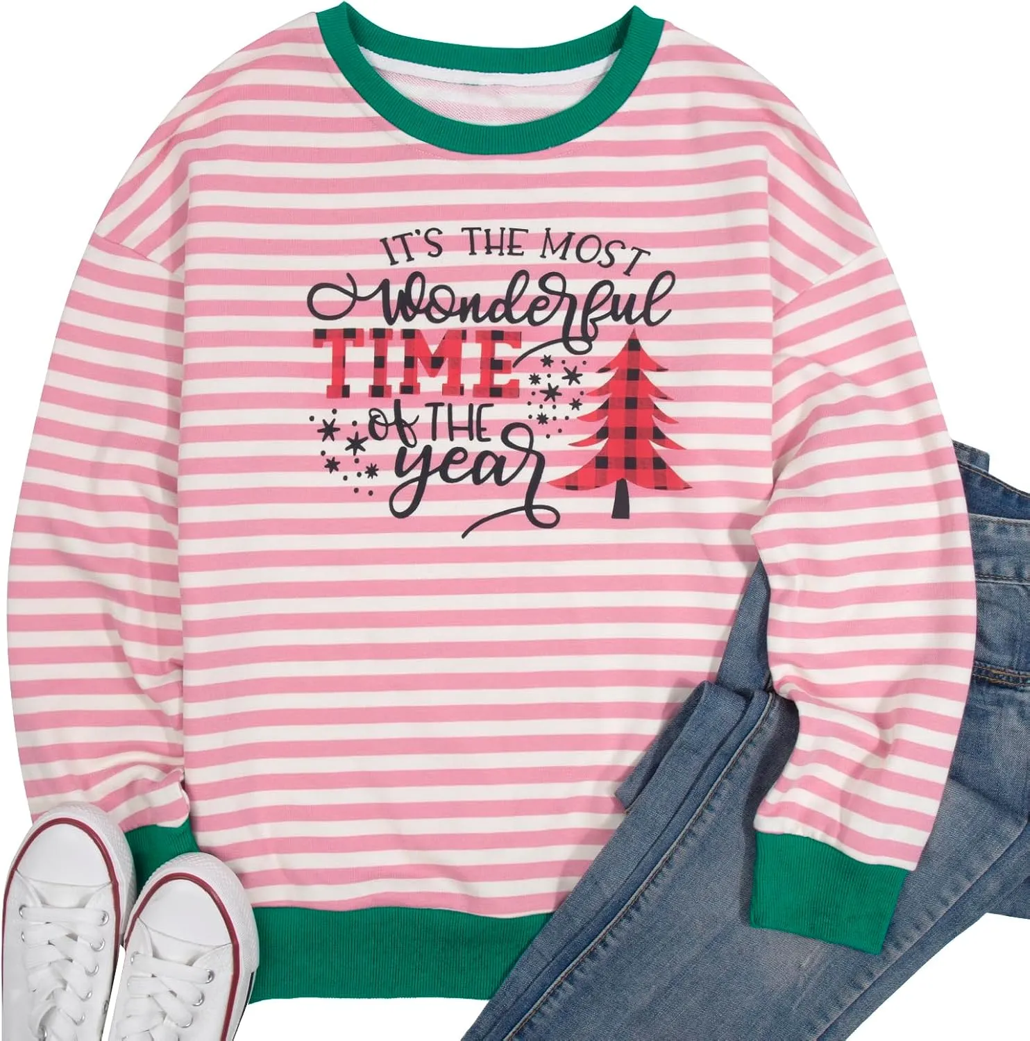 TAOHONG Merry Christmas Sweatshirt Women Xmas Buffalo Plaid Tree Color Block Christmas Snowflake Print Long Sleeve Top Shirts
